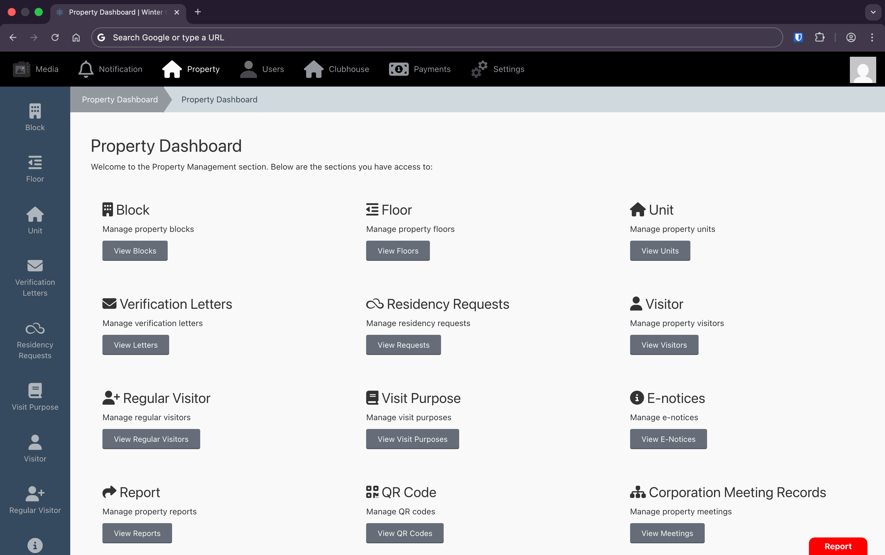 Property and clubhouse backend administration interface